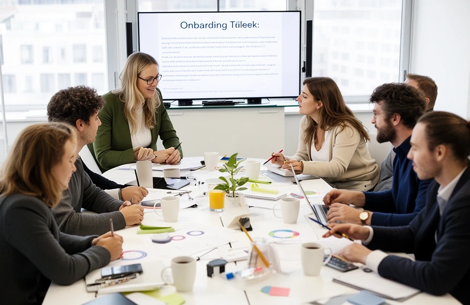 Interdisziplinaeres Team diskutiert Onboarding-Texte